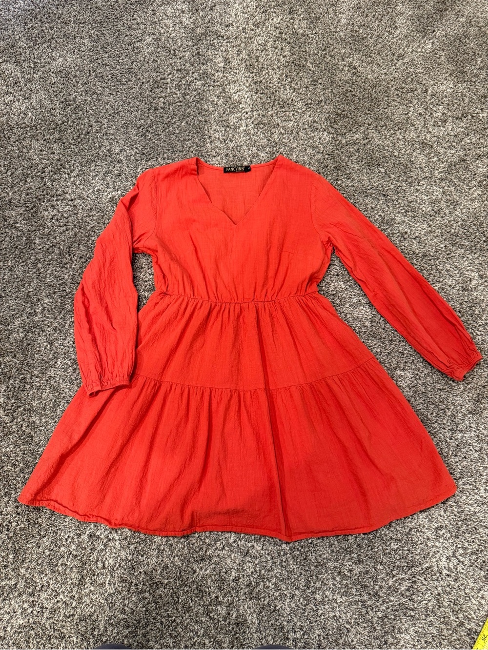 FANCYINN Women’s Small Coral Red Tiered Babydoll Dress Long Sleeve Gauze Mini